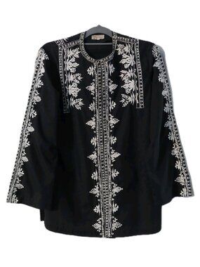 Tesoros Blazer Womens Size Medium Black White Embroidered Vintage READ